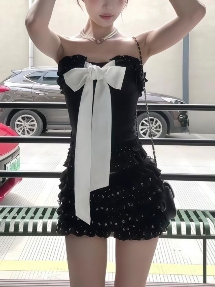 新しい夏のセクシーな弓エレガントな 2 個セット女性 Y2k ヴィンテージストラップレストップスミニスカート原宿ファッション女性パーティーシックな衣装
