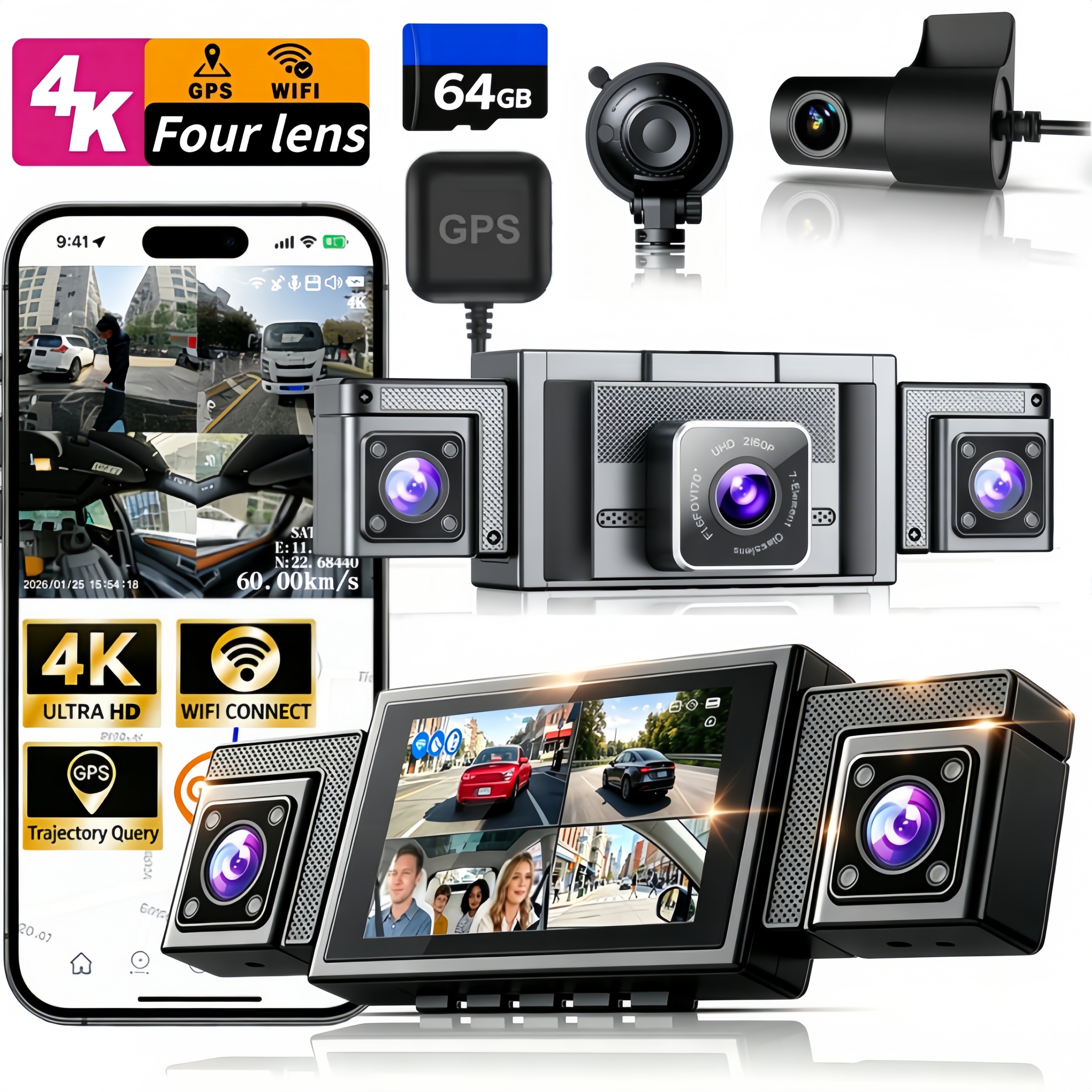 ダッシュカム 4 チャンネル 360° 4k Gps Wifi カー Dvr 4CH フロント左右リアブラックボックス 24 時間駐車ナイトビジョンループ録画ダッシュカム
