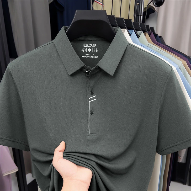 Men's Business Style Polo Shirt Cool Fabric Wrinkle Resistant Short Sleeve Top For Office Work