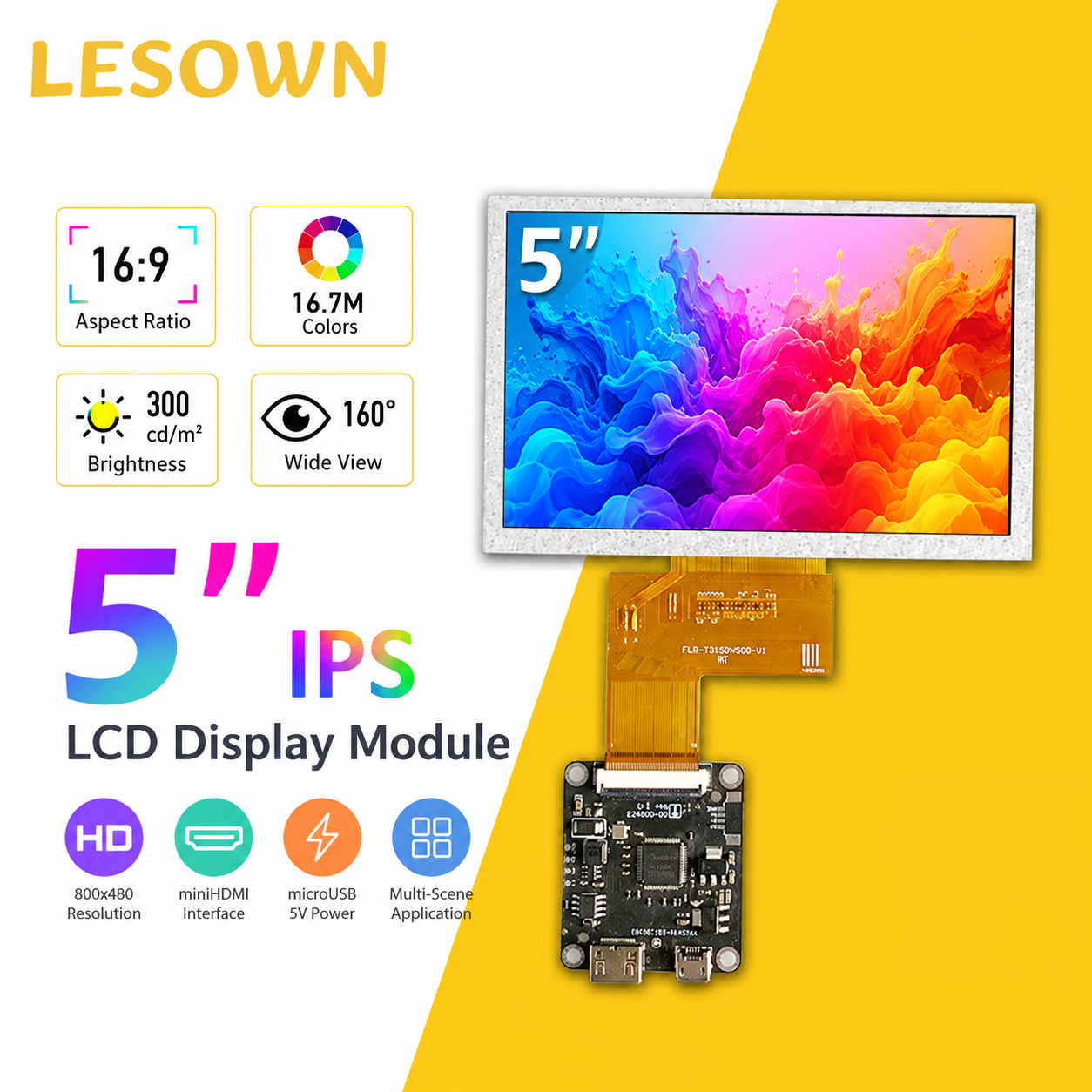 LESOWN 5 インチ 800x480 ディスプレイモジュールインスタントセットアップ広視野角モニターマトリックス MiniHDTV 付き
