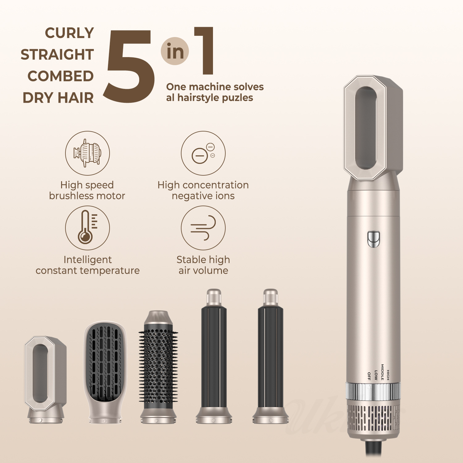 5 In 1 ヘアドライヤーブラシとボリュームマイザーマイナスイオン取り外し可能なヘアブロードライヤースタイラー熱風ブラシエアスタイリングヘアアイロン