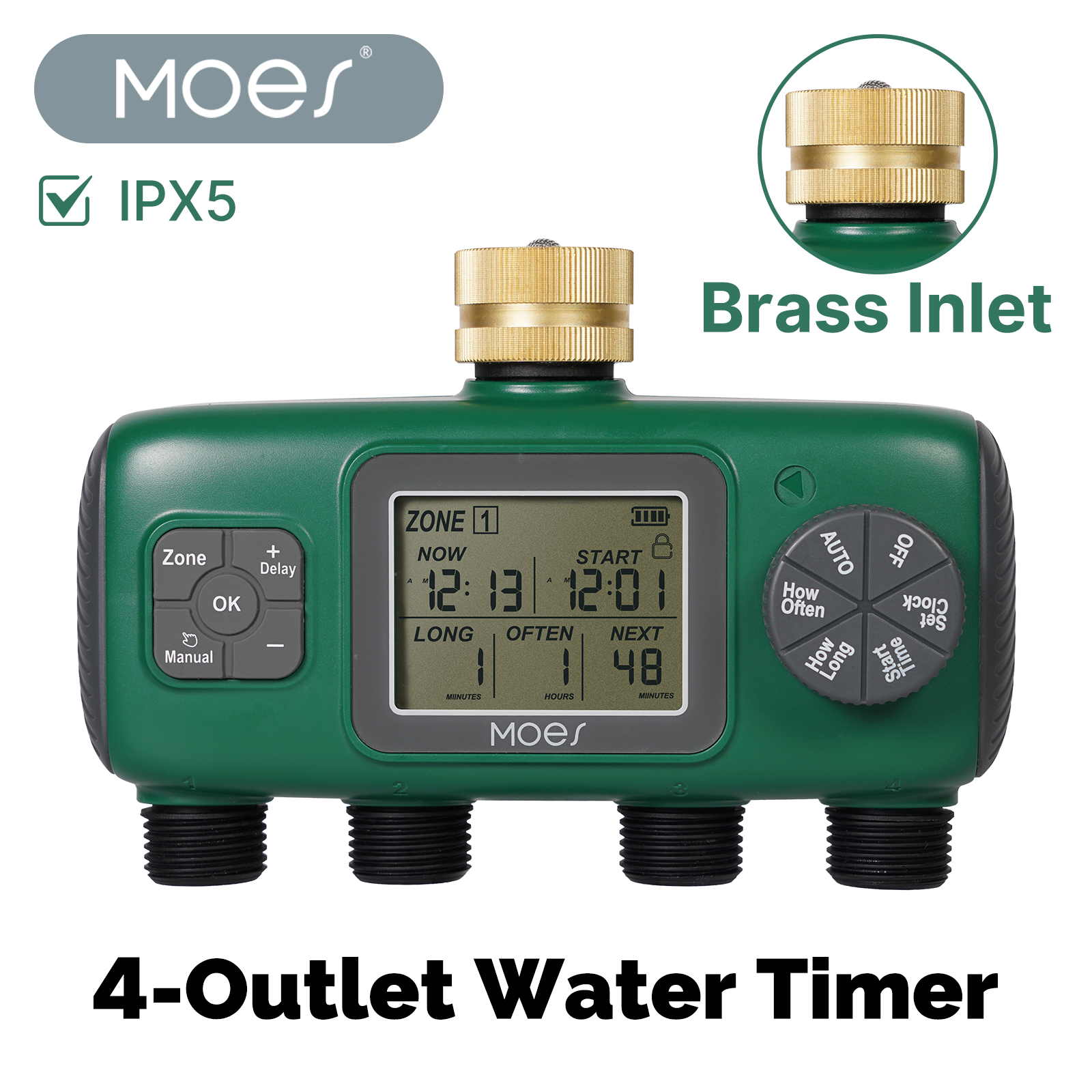 MOES デジタル水タイマー 1/3/4 出口真鍮入口プログラマブル灌漑コントローラ LCD ディスプレイ IPX5 防水