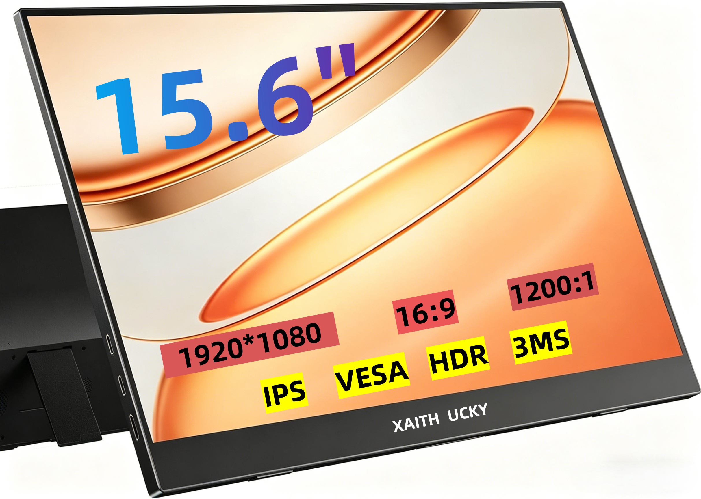 XAITH UCKY 15.6 インチ ポータブル モニター、1080P FHD、100% sRGB 高色域、1200:1 コントラスト比、350 ニトの輝度、16:9 アスペクト