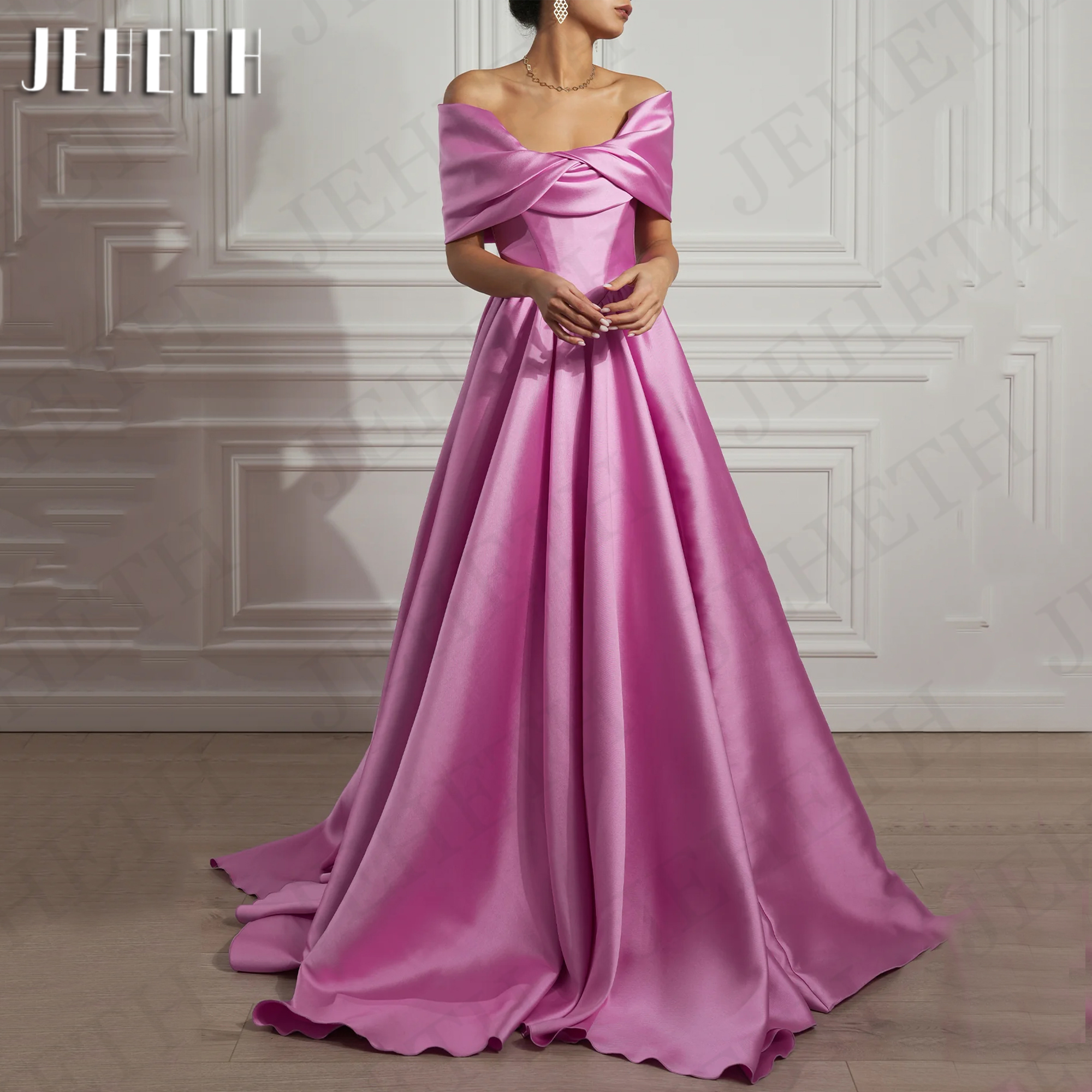 JEHETH Elegant Pink Off The Shoulder Evening Dress Satin Strapless A Line Special Occasion Dresses Sweep Train Woman فساتين سهرة