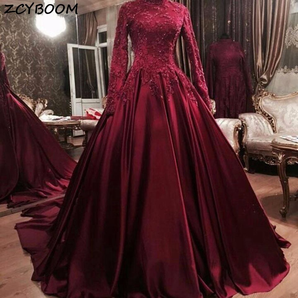 イスラム教徒のイブニングドレスの女性フォーマルパーティー Vestidos デ ガラエレガントな高級アップリケスパンコールレースワインレッド卒業ウエディングドレス