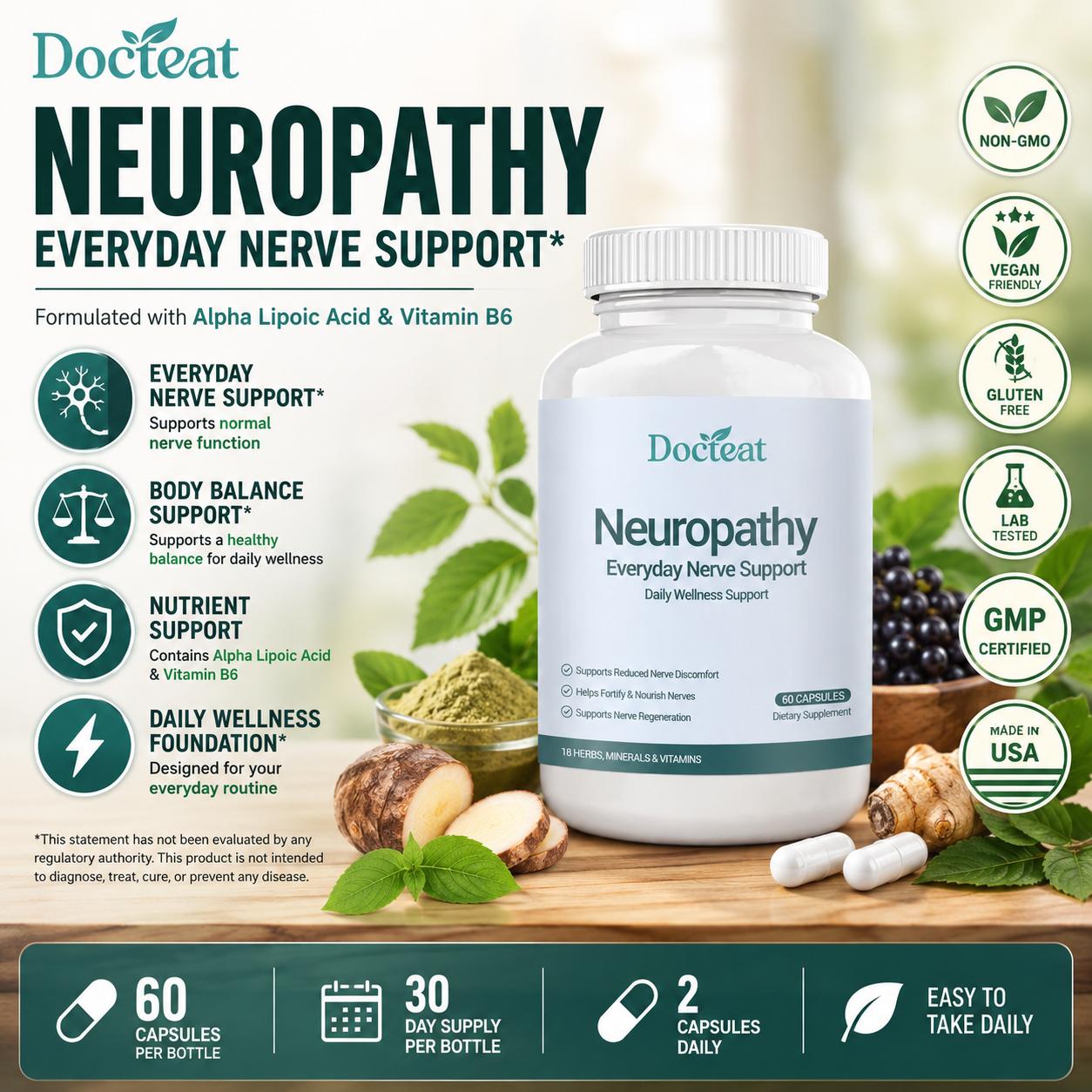 Docteat Alpha Lipoic Acid and Vitamin B6 Capsules for Everyday Nerve Support and Body Balance Support, Body Care, 60 Capsules