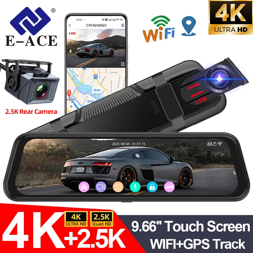 E-ACE 4K ダッシュカム 9.66 インチミラーダッシュカーカメラ 2.5K リアカメラサポート WIFI GPS ADAS タッチスクリーンビデオレコーダー ブラックボックス