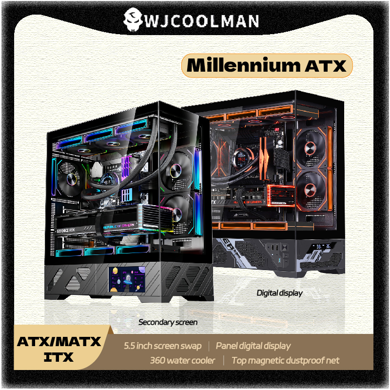 WJCOOLMAN ミレニアム ATX PC ケース セカンダリ スクリーン/デジタル ディスプレイ 360 水冷シービュー ルーム デスクトップ コンピューター ケースをサポート