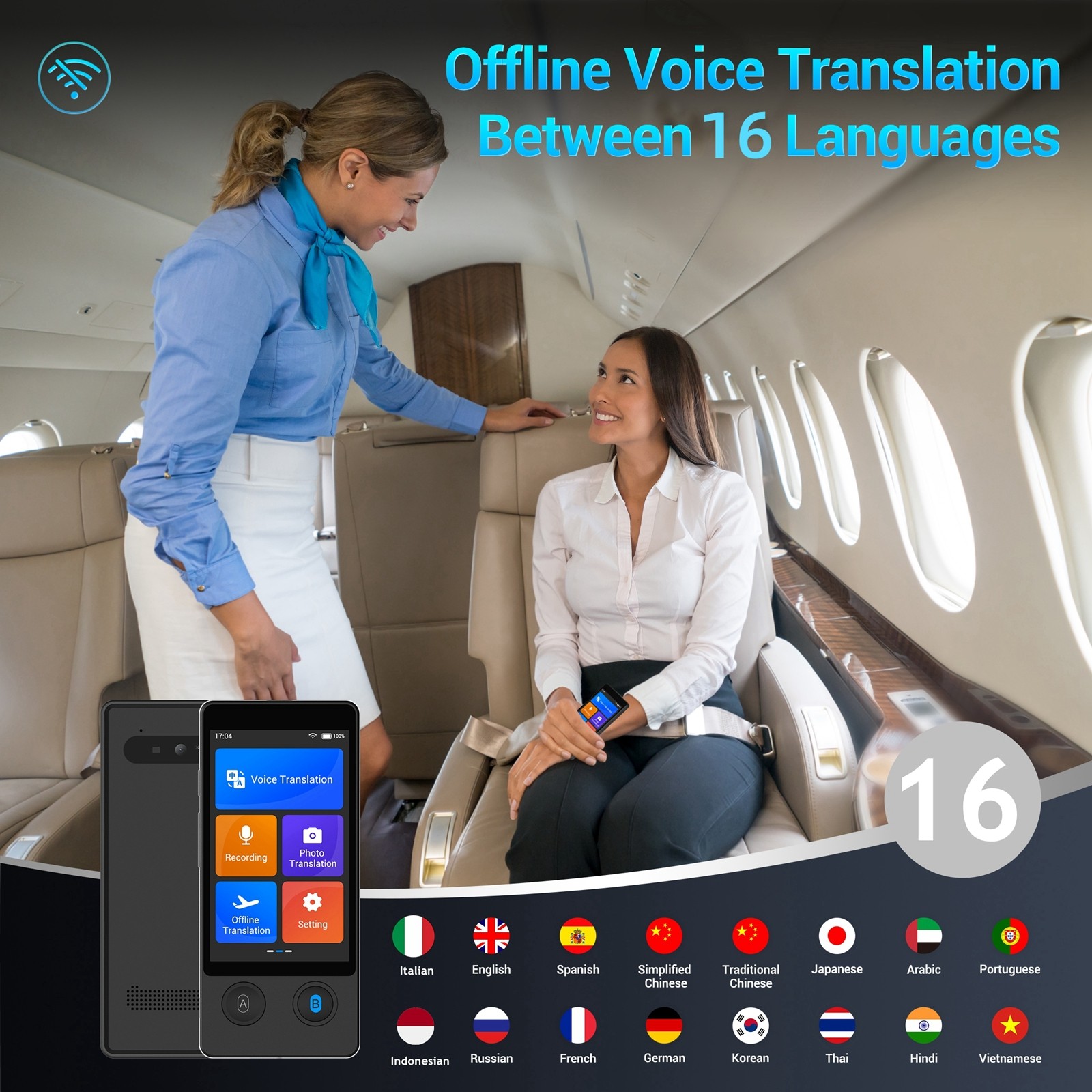 Wooask W12 翻訳デバイス、双方向リアルタイム音声翻訳、144 言語、16 オフライン パッケージ、旅行ビジネス向け