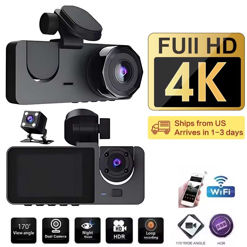 車 DVR 3 チャンネルダッシュカム車用 4K ビデオレコーダー WIFI アプリダッシュカムフロントとリアビューカメラナイトビジョンカーアクセサリー