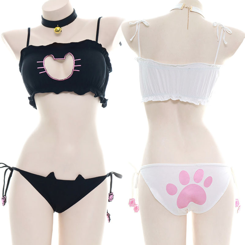 アニメガールかわいい猫足ビキニ水着衣装夏のビーチガールミニ素敵な猫ベル水着制服コスプレ猫中空ブラジャー