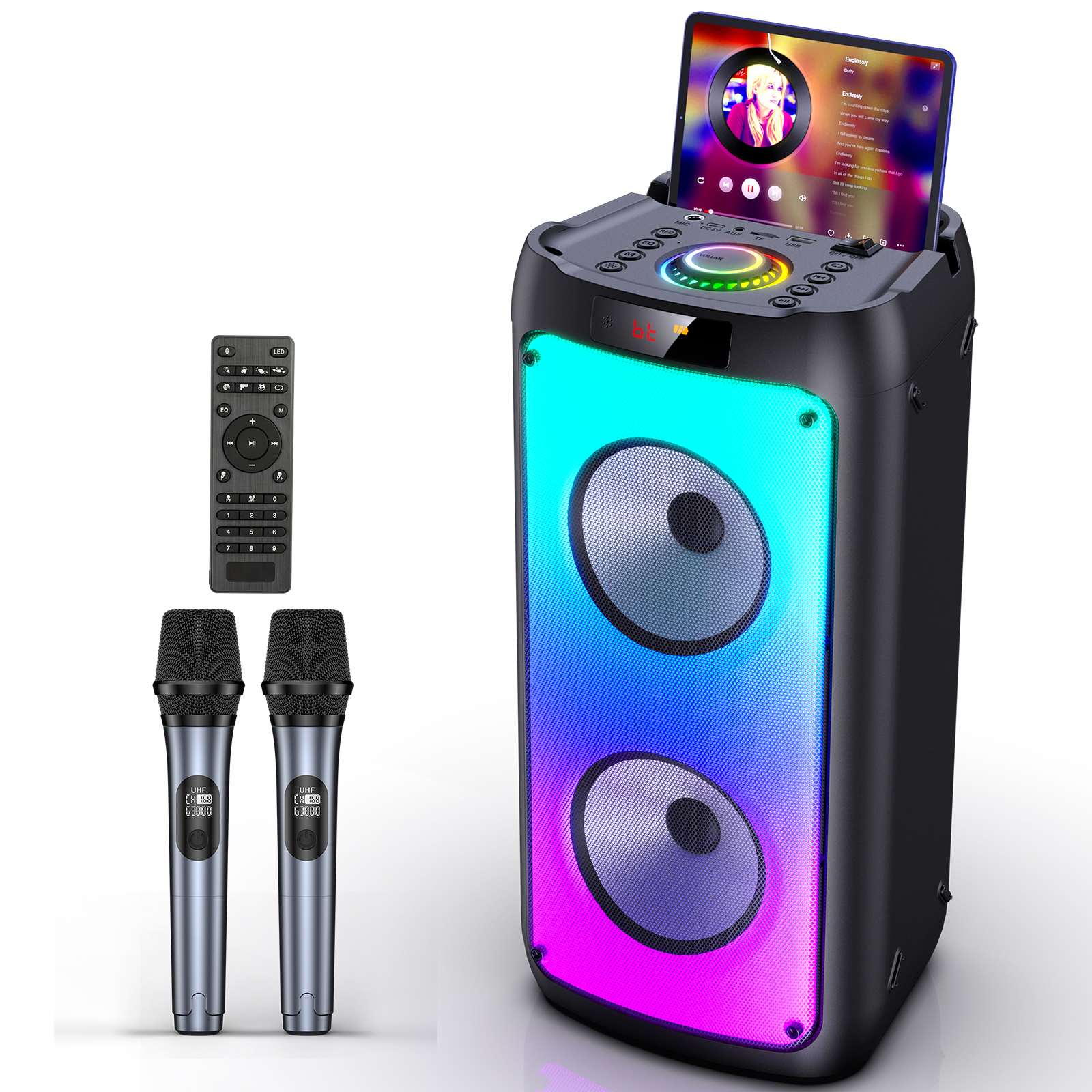 ワイヤレスBluetoothスピーカー、2マイク付きカラオケマシン、LEDライト付きホームカラオケパーティースピーカー