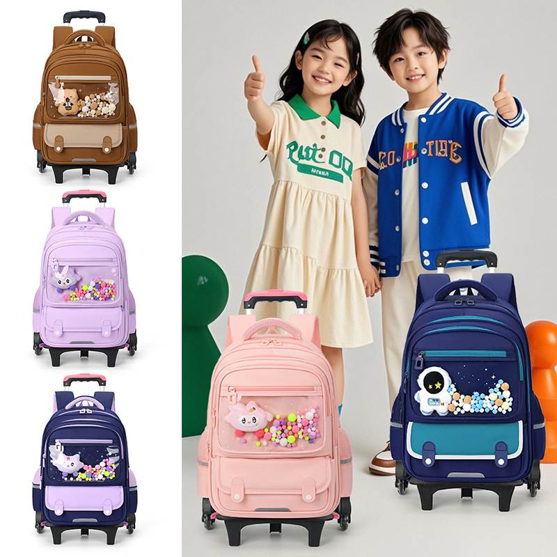 2026 漫画トロリーバックパックホイール付き Mochilas Escolares バックトゥスクールバッグ女子学生通学トロリーバックパック