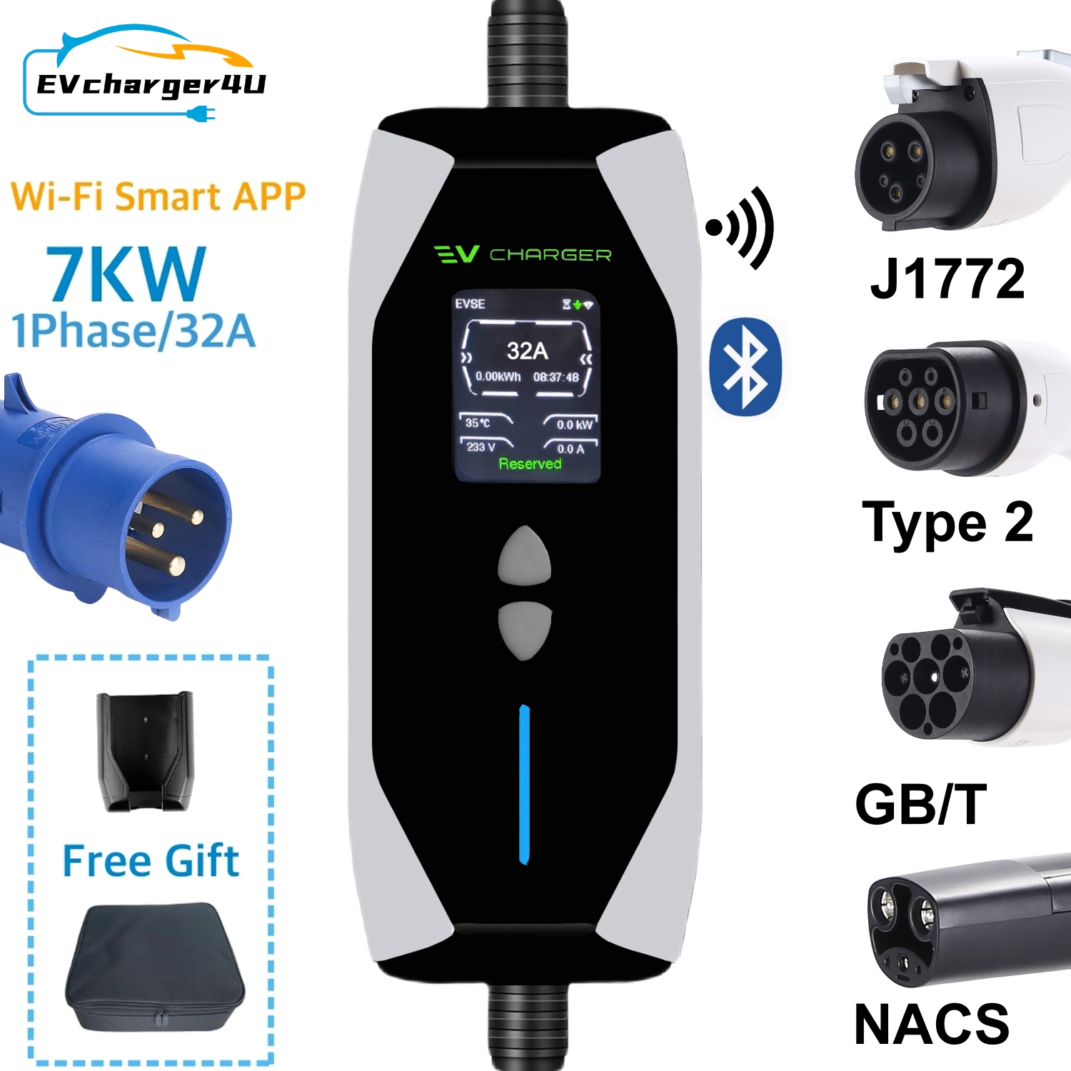 EVcharger4U J1772 Type2 GBT NACS 1相 32A 7KW ポータブル充電器 RCD タイプ B 保護付き Wi-Fi Bluetooth APP 制御 EVSE ボックス