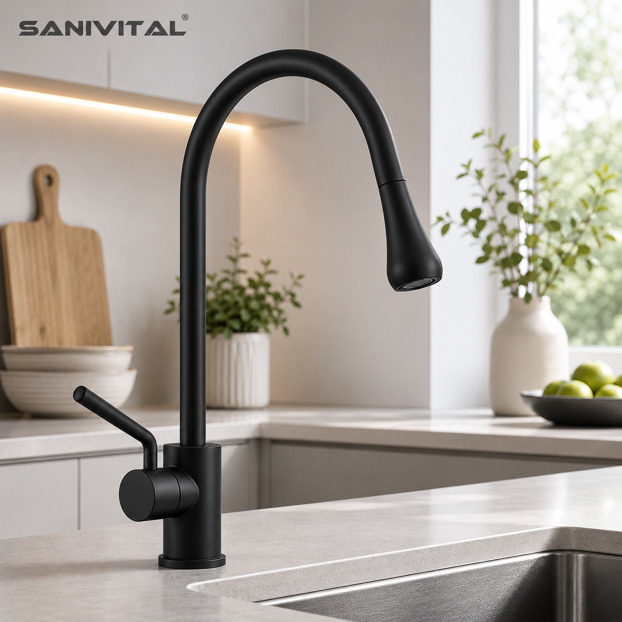 SANIVITAL マットブラックキッチン蛇口シングルハンドルホットコールドミキサータップハイアークグースネックシンク蛇口