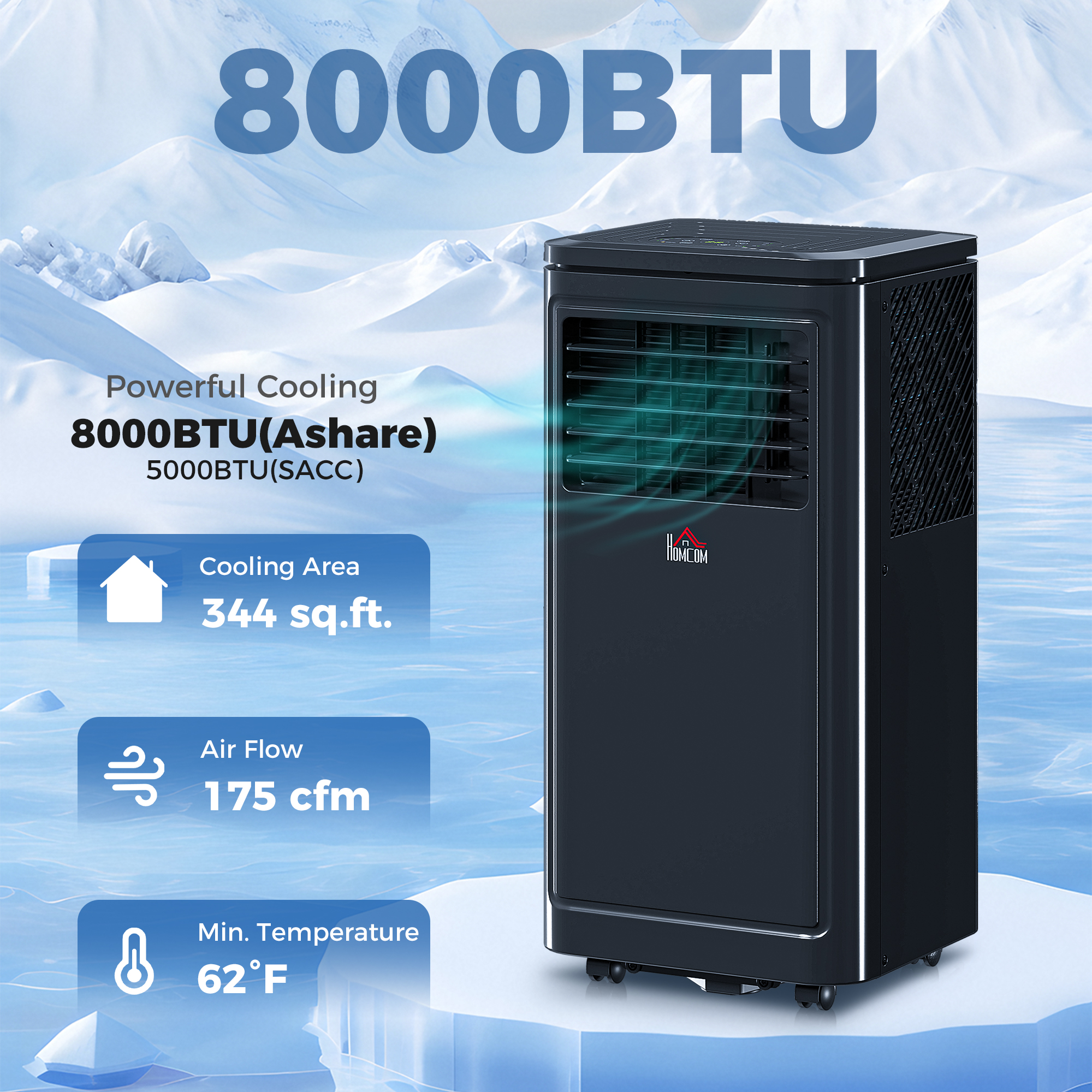 8000 BTU ポータブルエアコンファン リモコン付き 最大 344 平方メートルの部屋用フィート、蒸発式クーラー AC ユニット ブラック