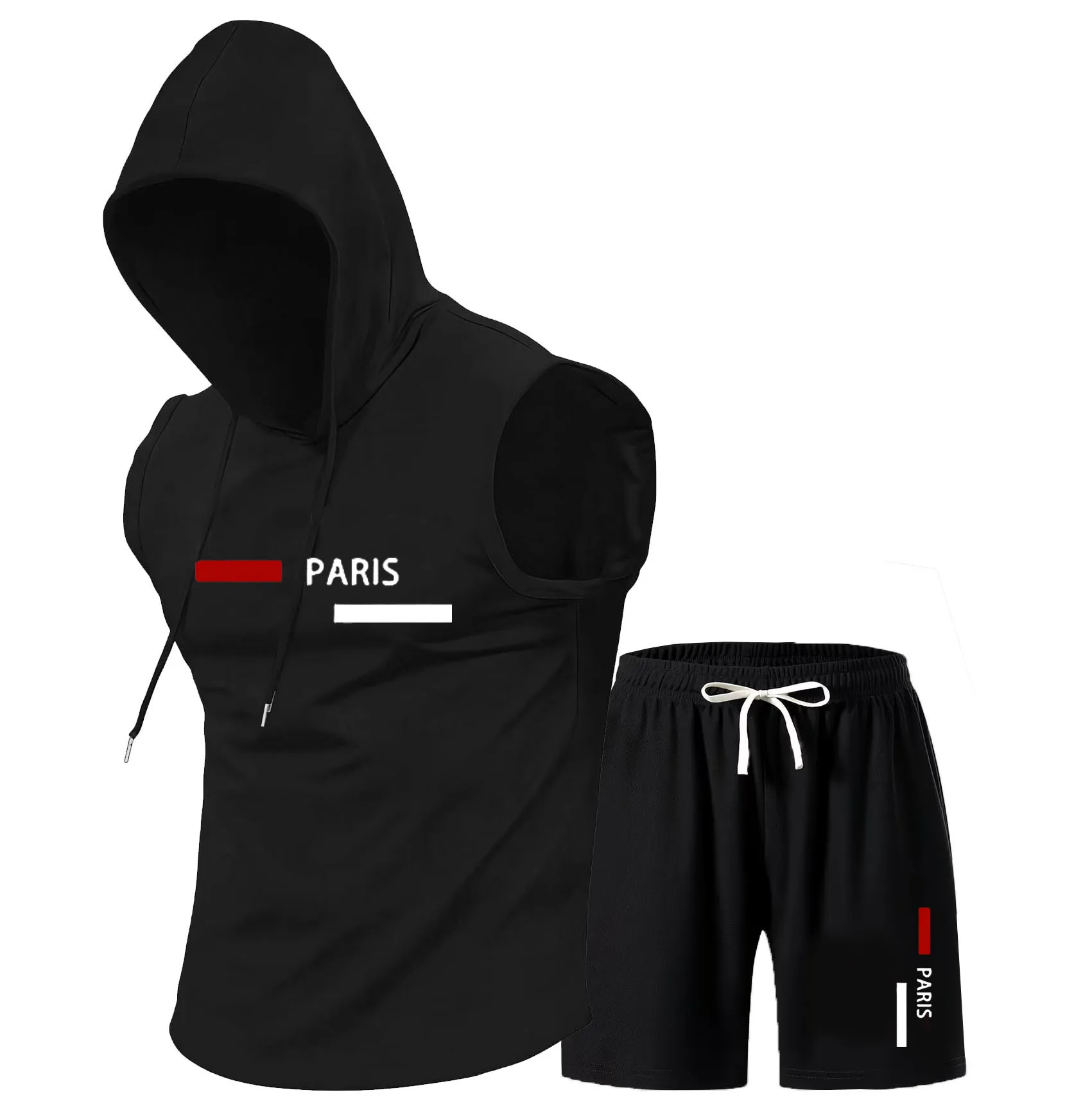 2026 メンズスポーツウェア 2 点セット半袖ノースリーブフード付きショーツセットメンズランニングスーツ Tシャツメンズサマーセット