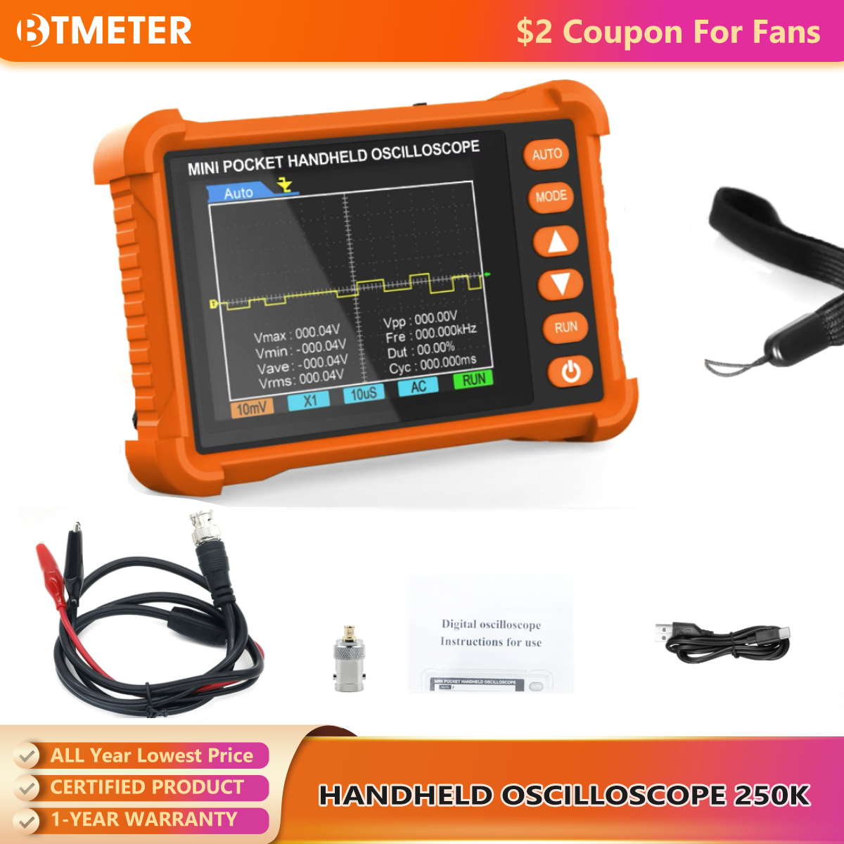 BTMETER BT-250K ハンドヘルドオシロスコープ 250kHz ±40V 2.8 インチ LCD 3H 充電式工業用オート/マニュアルトリガ