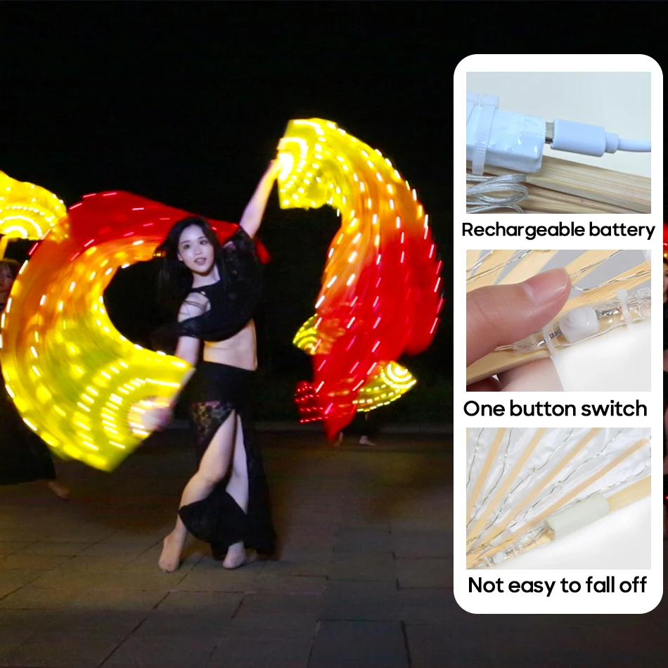 Rechargeable LED Fans Real Silk Veil One Piece One Pair Right Hand Left Hand 180cm Stage Performance Belly Dance Accessories