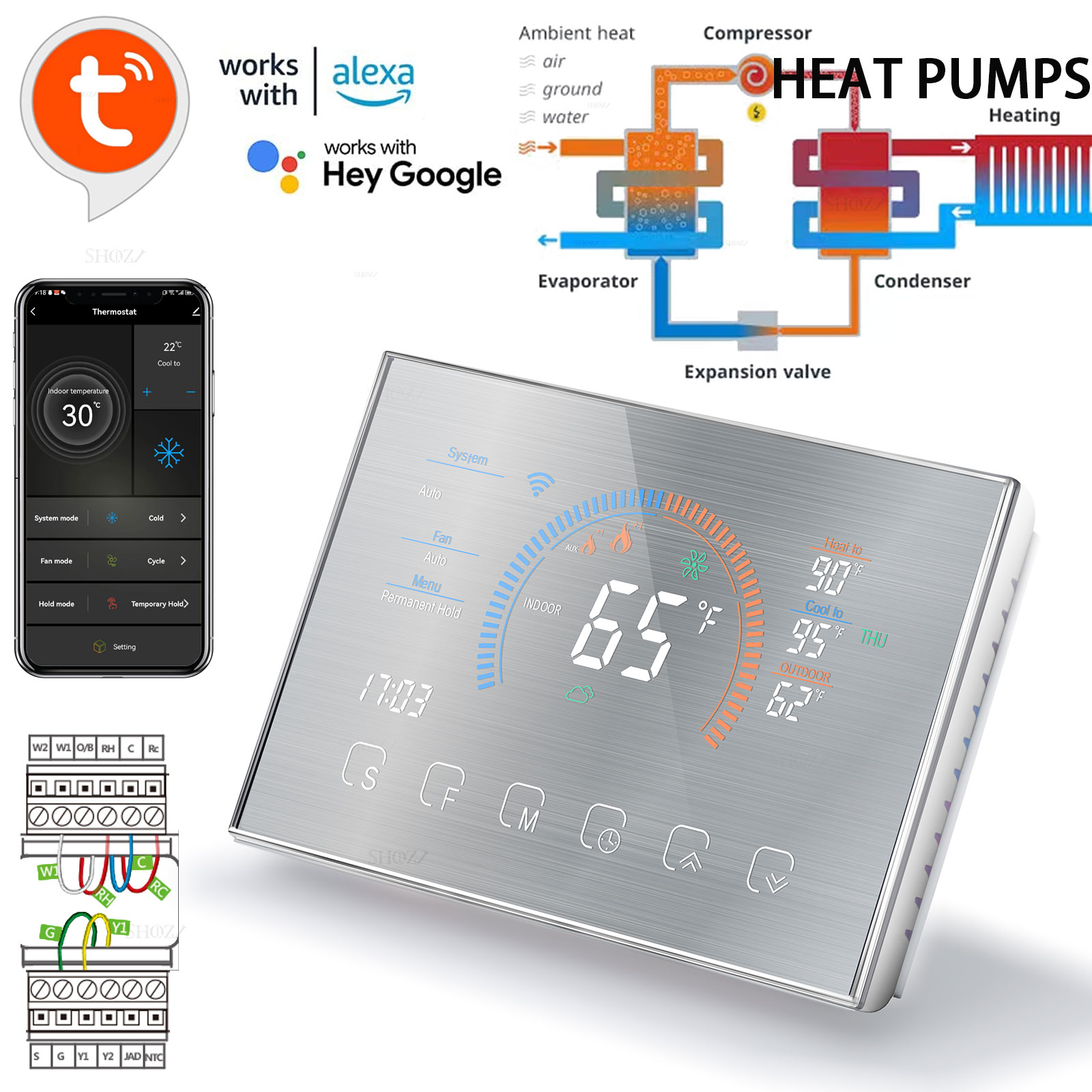 Tuya Wifi プログラム可能なヒートポンプ サーモスタット 24VAC/DC ほとんどの HVAC システムに対応 Alexa および Google と互換性のあるボイラー/空気エネルギー