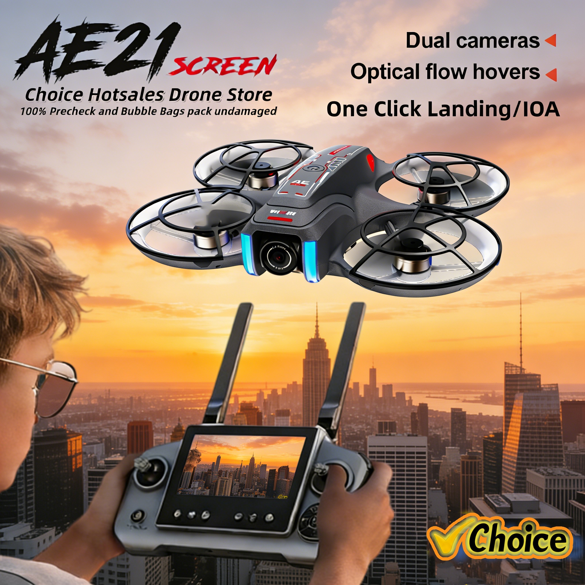 New AE21 Max AI 4.3” Brushless Drone with Screen Optical Flow Hover 4-Side Obstacle Avoidance 90° ESC Dual Camera RC Quadcopter