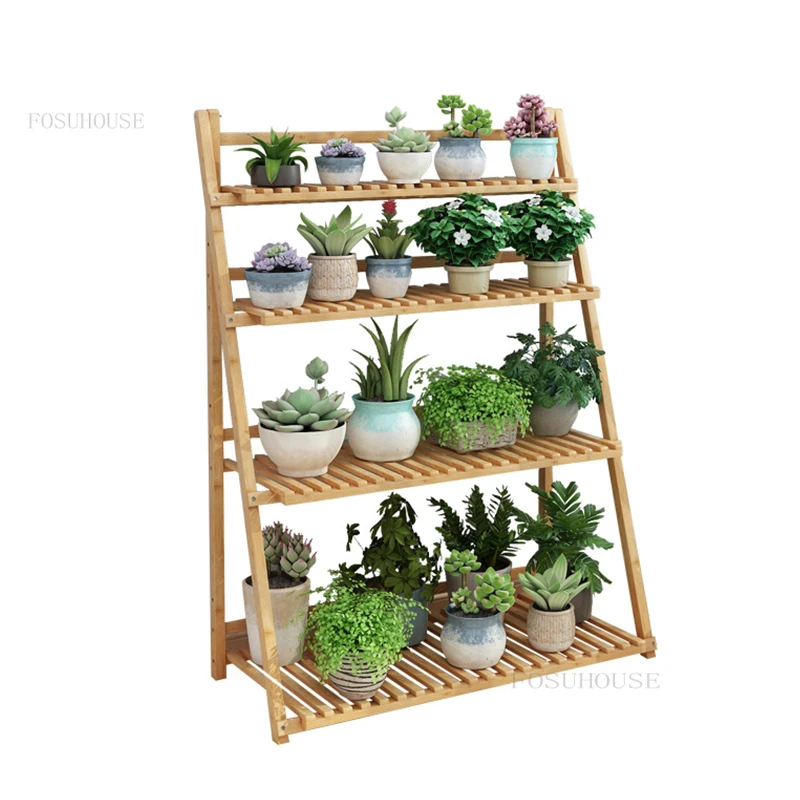 モダンなミニマリストフラワーシェルフ竹植物スタンド用バルコニー植物棚屋内フラワースタンド屋外折りたたみガーデンラックw