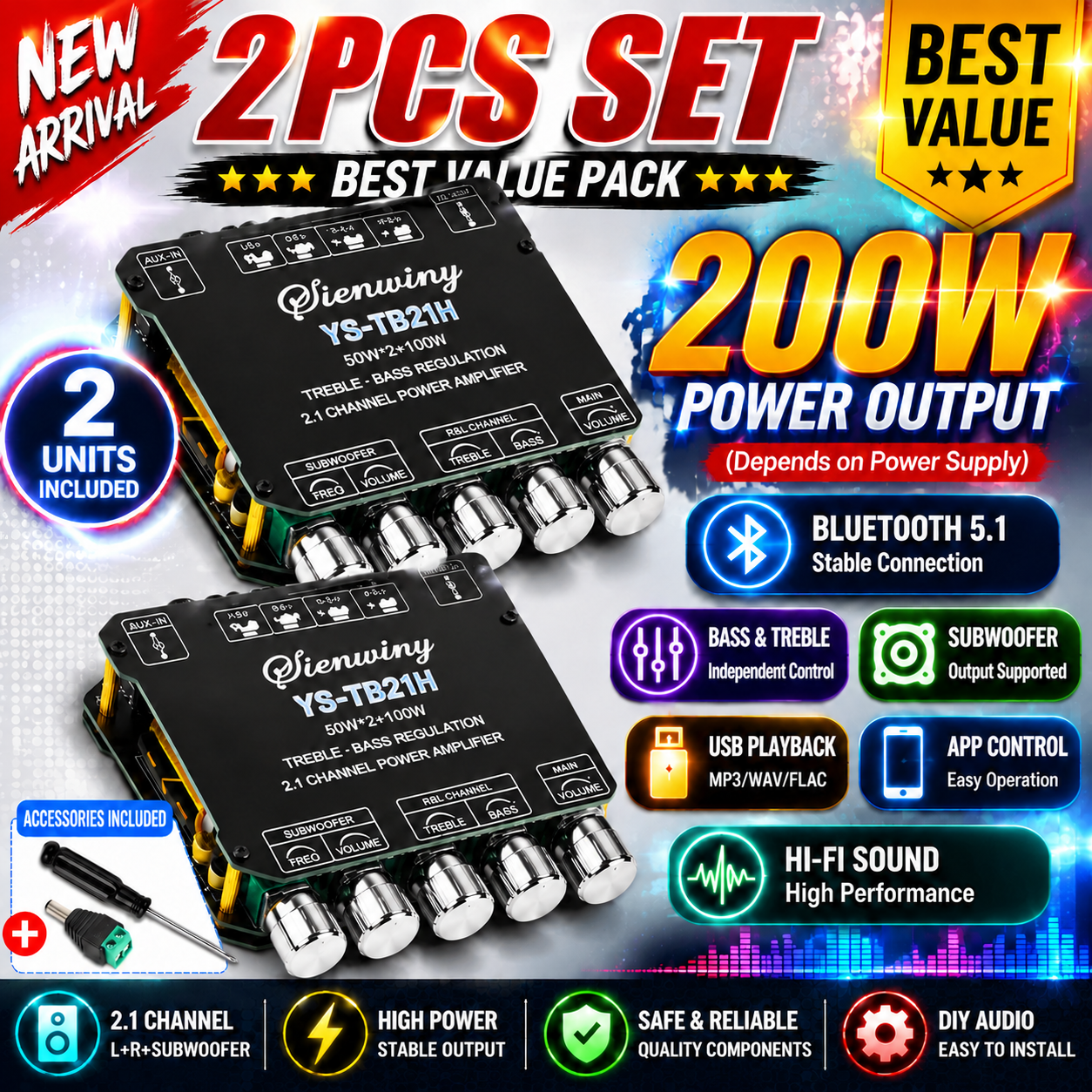 1/2PC Sienwiny YS-TB21 TB21H 2.1CH BT アンプボードクラス D 50 ワット * 2 100 ワットサブウーファー低音高音 USB アプリマイク KTV 12-24V HiFi DIY スピーカー
