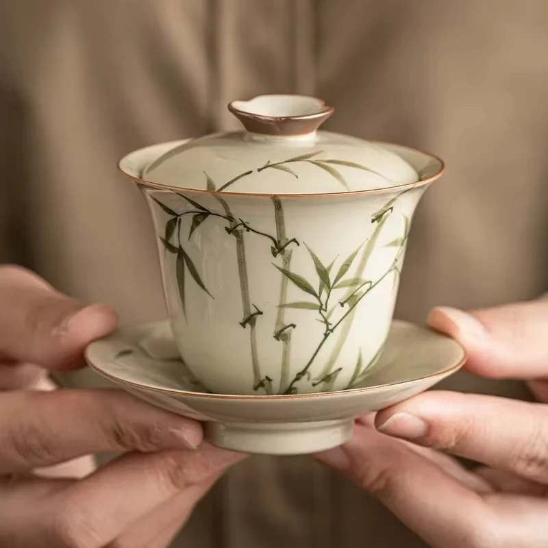 手描き緑竹茶チュリーンセラミック茶わん Gaiwan 用品プーアル景徳鎮ボウルカバーカップ中国磁器食器