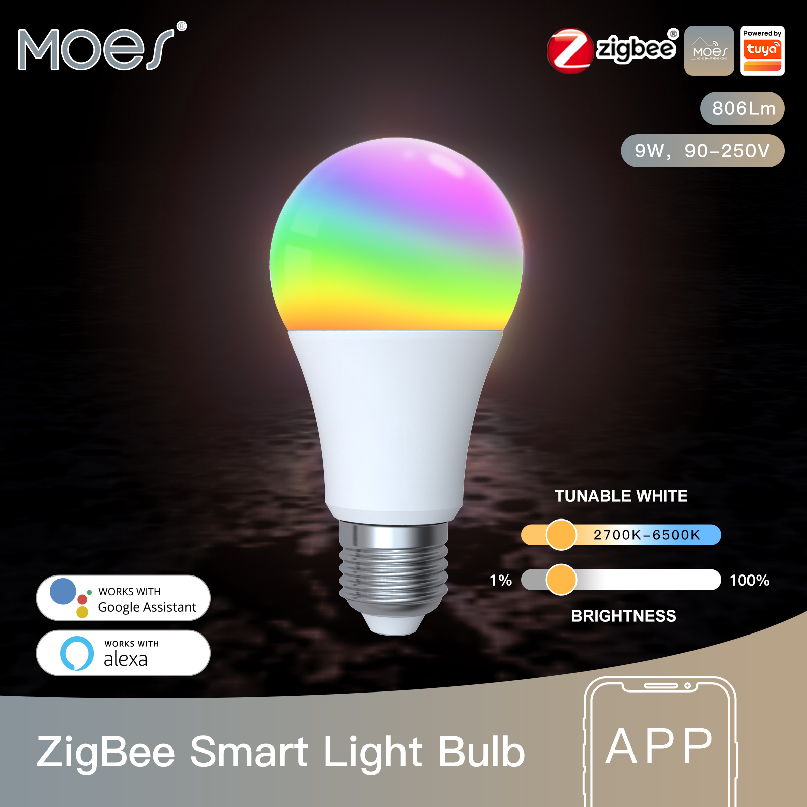 MOES 1-9 個 9 ワット AC90-240V Tuya ZigBee スマート LED 電球 RGB E27 調光可能な APP リモコン Alexa Google ホーム音声制御