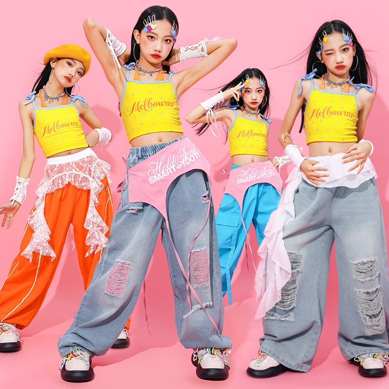女の子ヒップホップ服作物タンクトップジーンズ子供 K-POP カーゴジョガーパンツストリートダンス服子供ガールグループ衣装