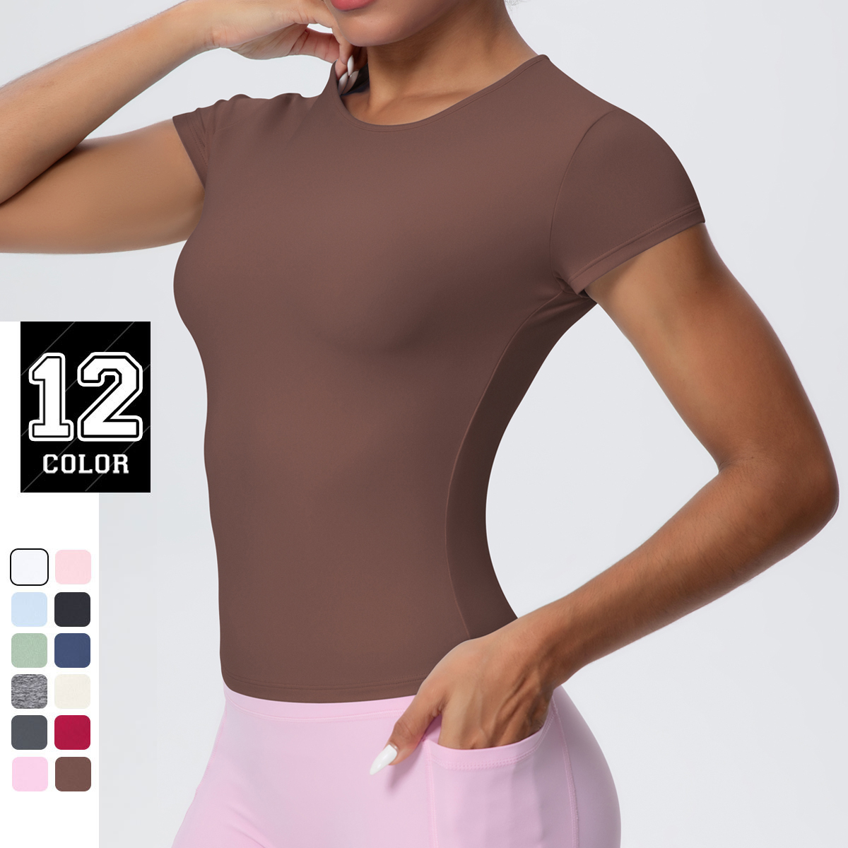 Rooftrellen Slim Casual Solid Color Yoga Short Sleeve Workout Top Quick Drying Breathable Sports Running Yoga Top T-Shirt