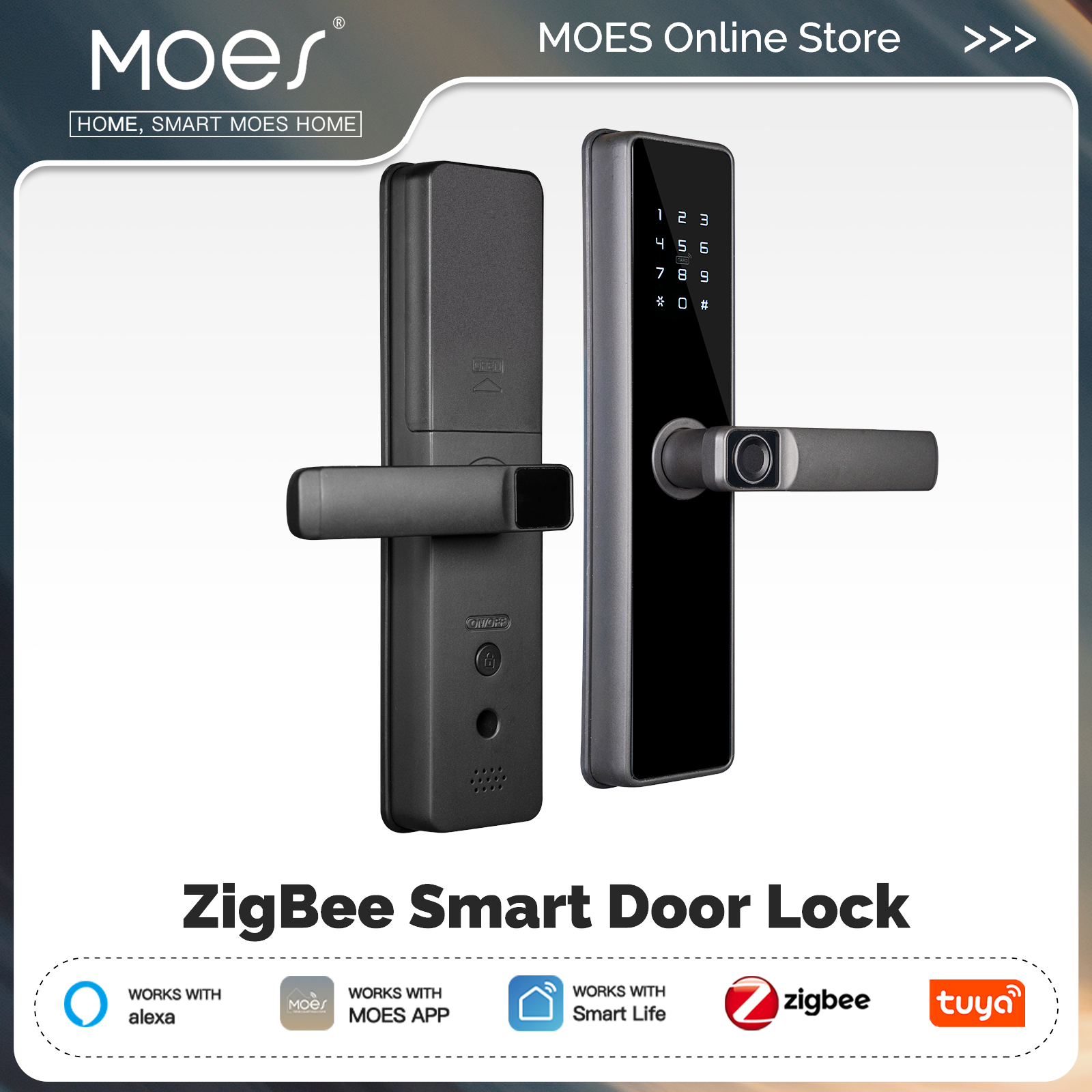 MOES Tuya ZigBee スマートドアロック屋内パスワード指紋リモートロック解除キーカード改ざん警報バッテリー駆動 Alexa と連携
