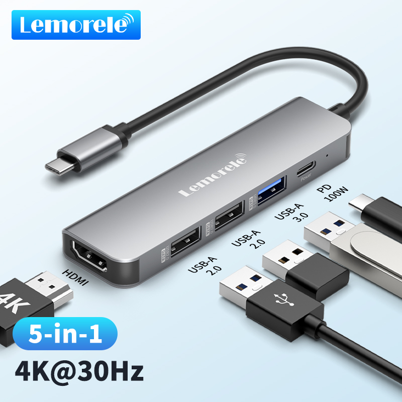 Lemorele TC101 5-in-1 USB C ハブ 4K HDMI ドッキングステーション 100W PD USB 3.0 5Gbps MacBook/Dell/HP/Lenovo アルミドック用
