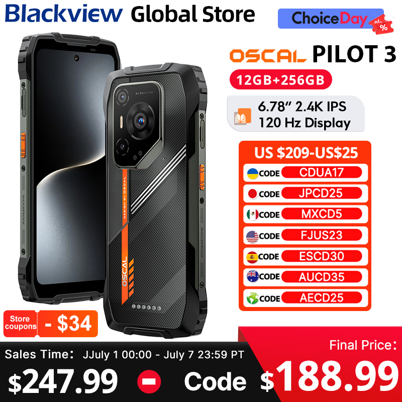 Blackview Oscal PILOT 3 頑丈な電話 6.78 インチ 2.4K IPS 120Hz ディスプレイ 5G MediaTek Dimensity 6300 50MP 7500mAh NFC 携帯電話