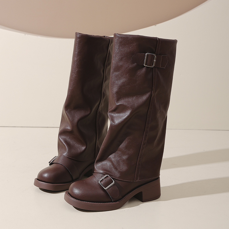 Vintage Thick Heel Women Knee High Boots Fashion Ladies Belt Buckle Knight Long Booties Botas De Inverno Feminina
