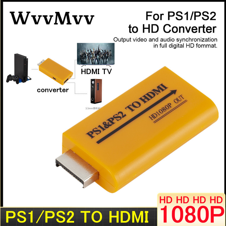 PS2/PS1用HDMI互換アダプターコンバーター最大1080p出力モニタープロジェクター用オーディオ/ビデオゲーム変換プラグアンドプレイ