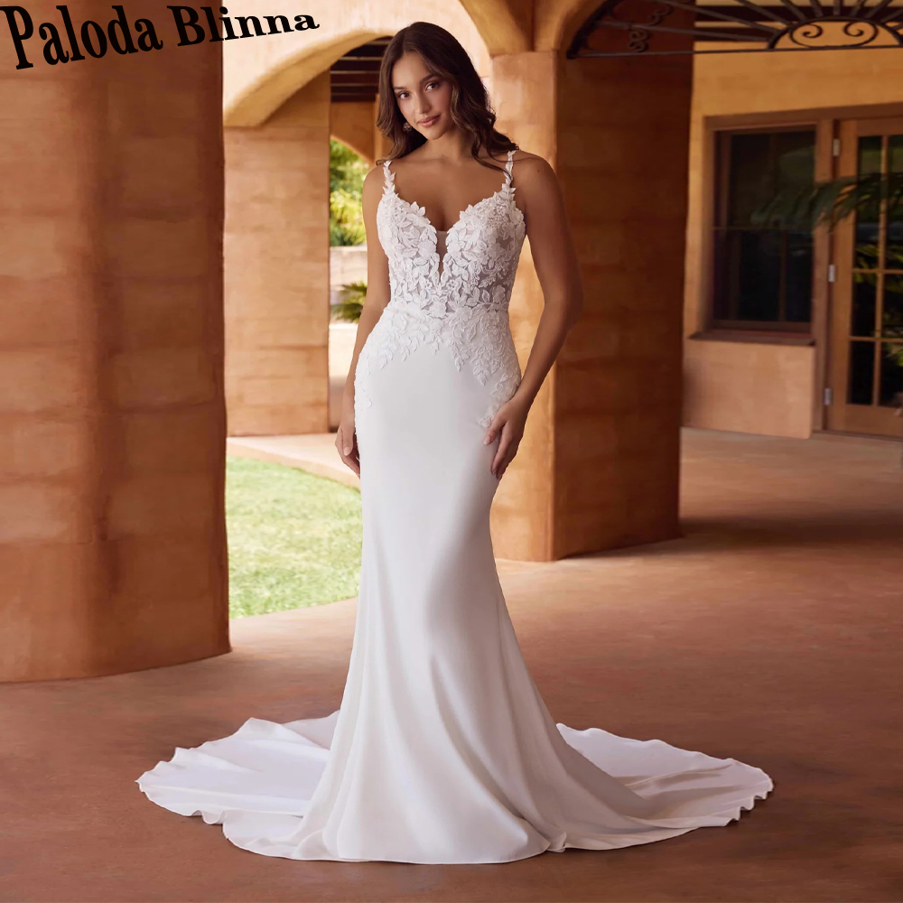 Paloda Bohe マーメイドウェディングドレス女性のためのシフォンレースアップリケボタンスパゲッティストラップ V ネック Vestidos デノビアカスタマイズ