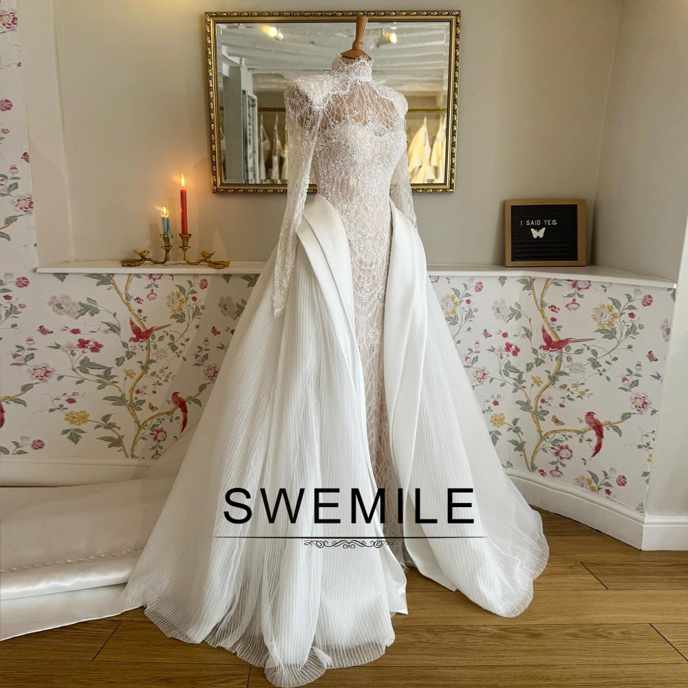 SWEMILE 豪華なハイネックのウェディングドレス女性のための取り外し可能なトレイン花嫁ドレスフルスリーブ Vestidos パラ Mujer カスタマイズ
