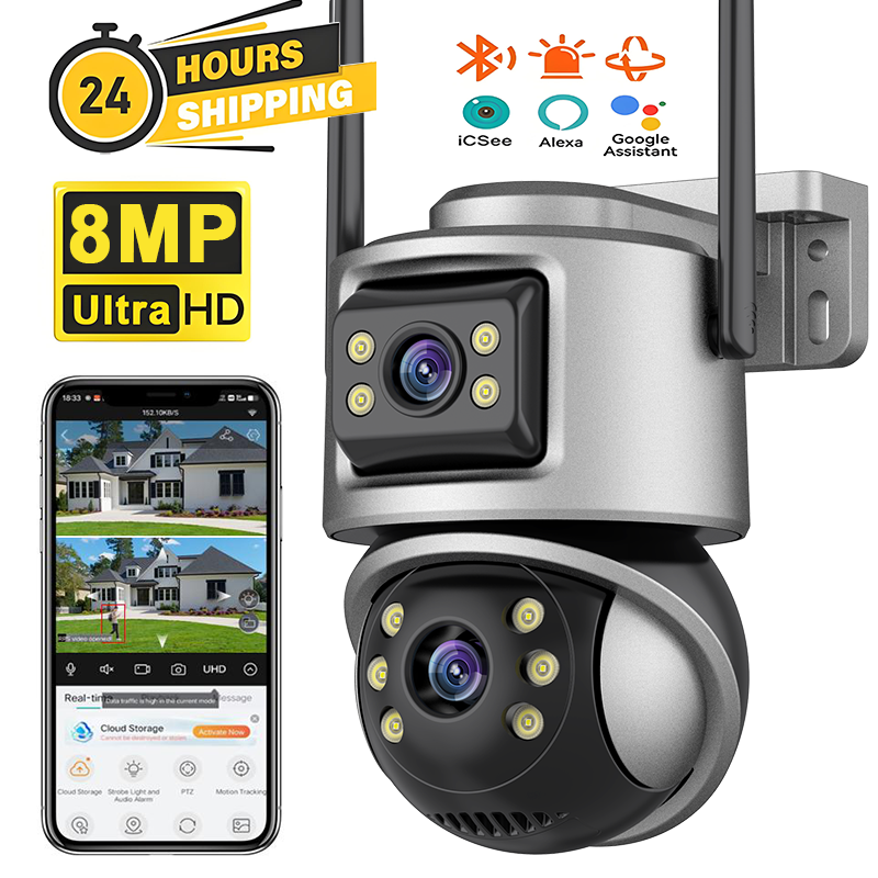 8MP HD WiFi IP カメラ屋外 ICSee デュアルレンズデュアルスクリーン PTZ カメラ自動追跡ホームセキュリティ CCTV 監視 6MP カム