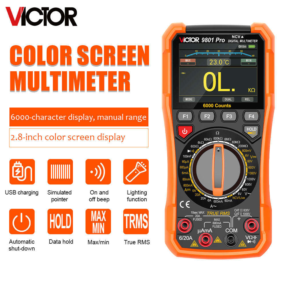 VICTOR 9801 プロデジタルマルチメーター 6000 カウント TFT カラースクリーン AC/DC 1000V NCV ライブワイヤーインテリジェントダイオードテスター Multimetro
