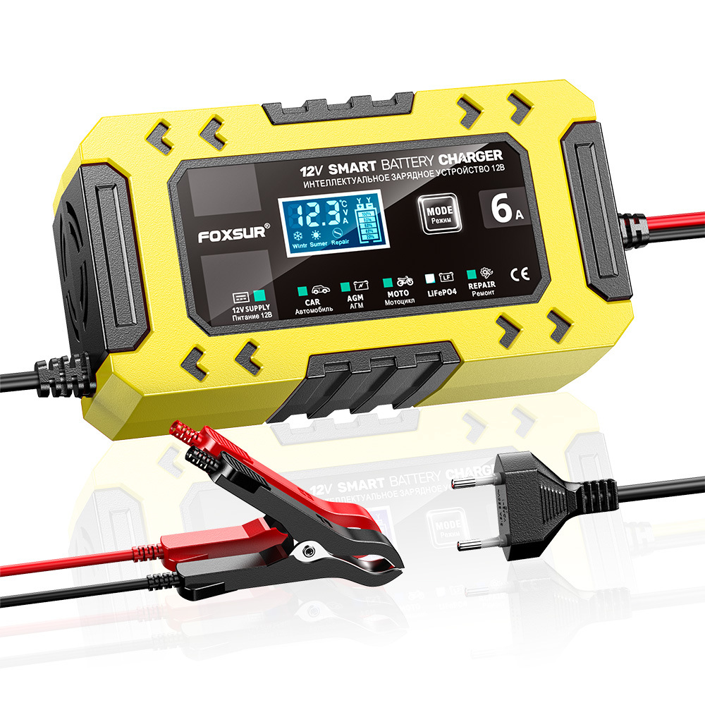 FOXSUR 全自動車のバッテリー充電器 12V 6A デジタルディスプレイ 10 段階バッテリー充電器パワーパルス修理オートバイ充電器