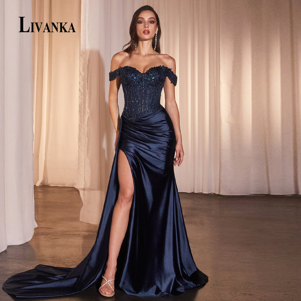 LIVANKA 魅力的なマーメイドイブニングドレスセレモニーオフショルダーアップリケシャーリング Vestido デ Formatura カスタマイズされたプラスサイズ