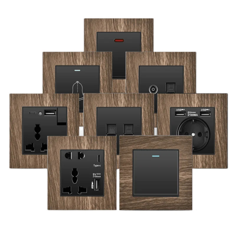 レトロ木目調 Uk13A 壁ボタンライトスイッチ、ユニバーサル 18 ワット高速充電 USB C 壁ソケット、アンティーク 220V 電気スイッチ