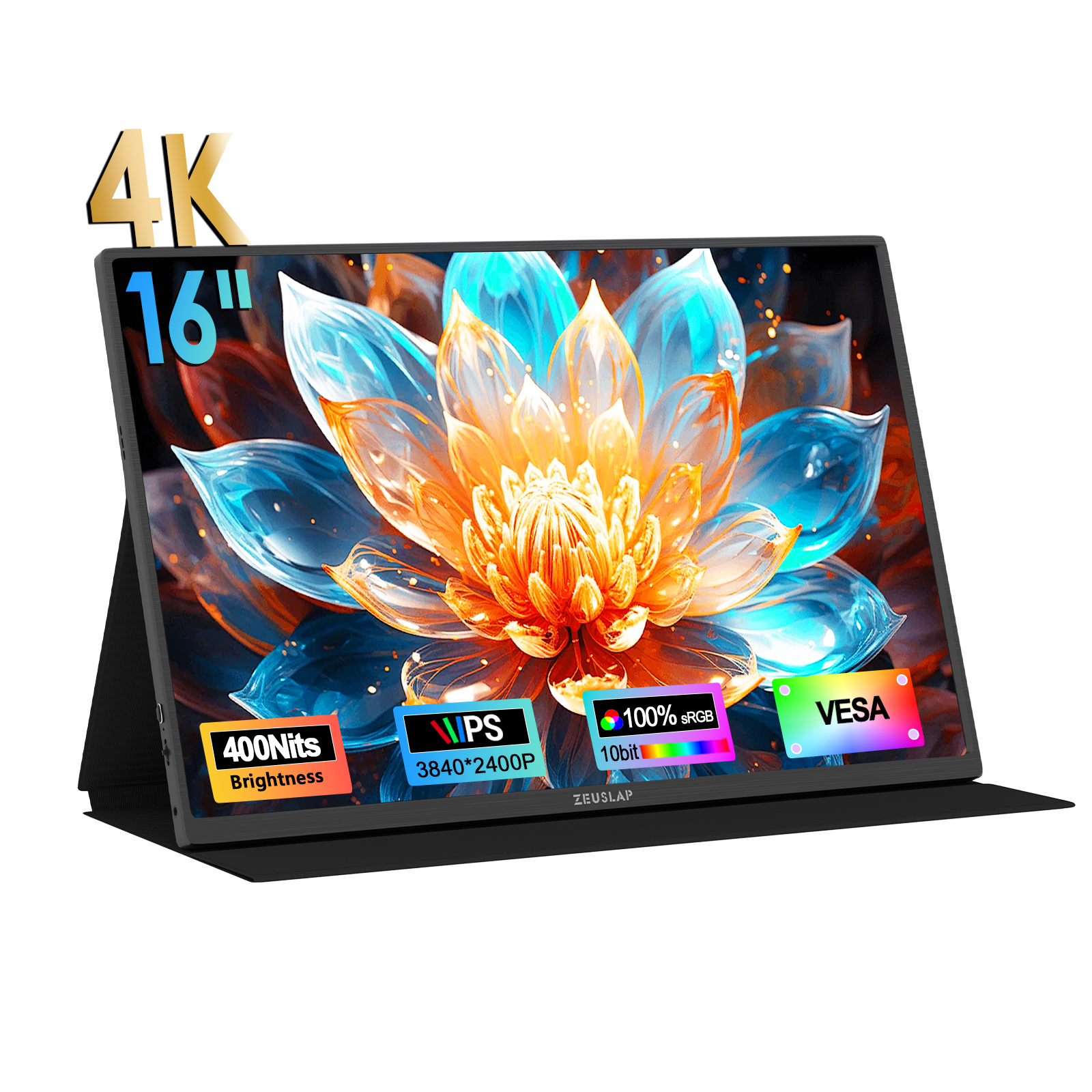 ZEUSLAP-Z16K 16インチ 4K ポータブルモニター 3840x2400 100% DCI-P3 サンダーボルト USB-C HDMI 電話、PS5、ラップトップ PC セカンドスクリーン用