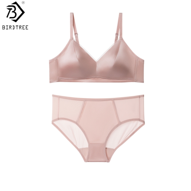 Birdtree、93% シルク 7% スパンデックス女性用ブラジャーブリーフセット、ソフトワイヤレス薄型通気性ブラレット、2026 夏の新しい下着 A65326JF