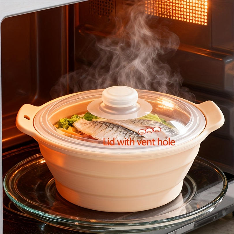Foldable Silicone Steamer Bowl with Lid Food-Grade Microwave Cookware Multi-Use Steamer Bowl for Cooking Camping Dishwasher Safe