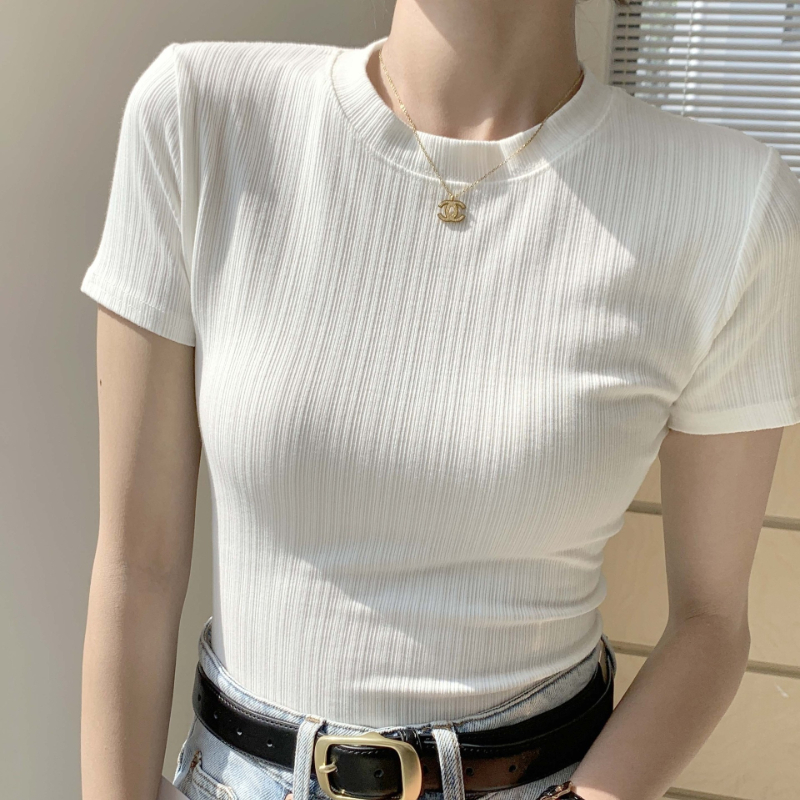 夏の新女性のクルーネック Tシャツニット半袖トップカジュアルオールマッチ Tシャツストライプベースシャツスリムフィット通気性