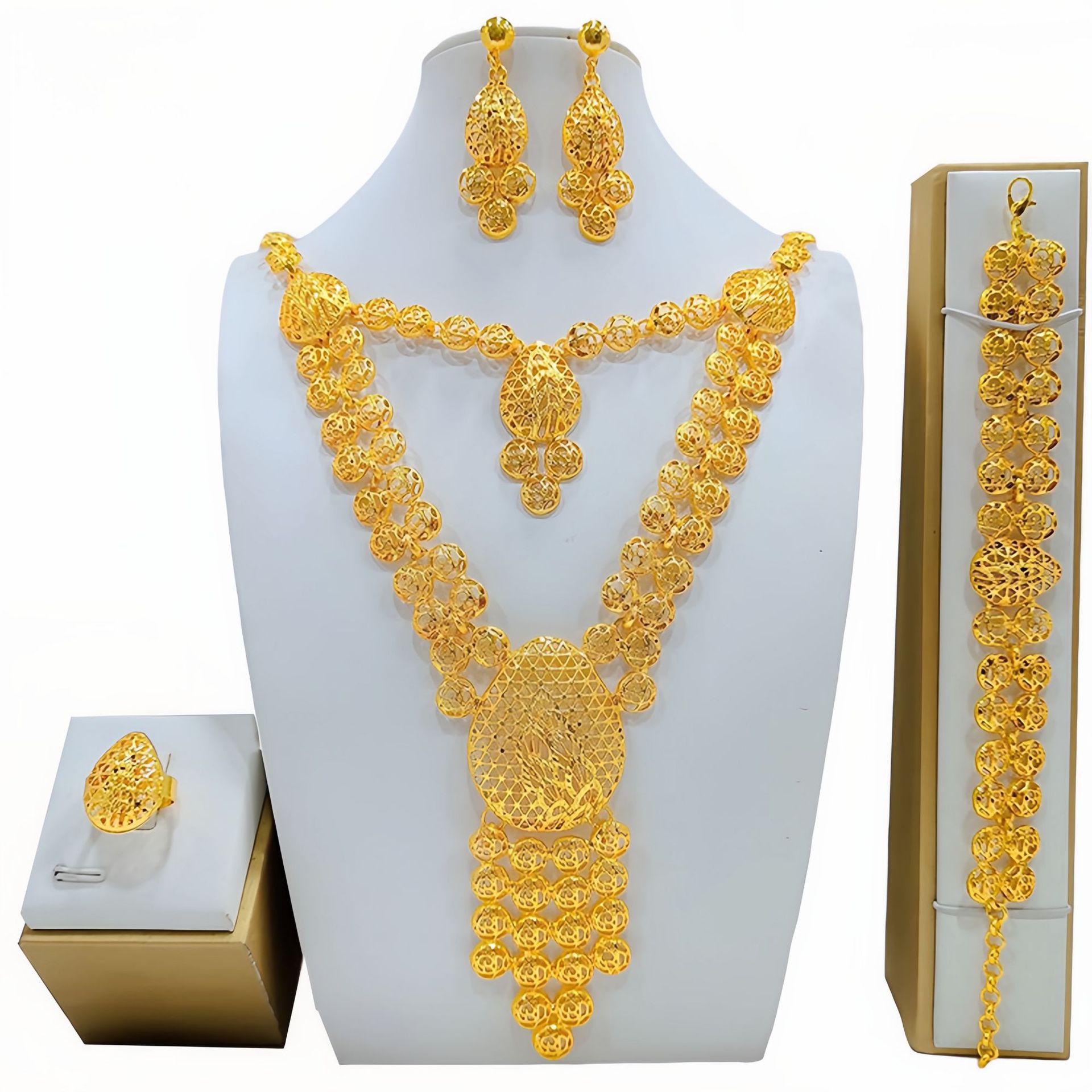 24K リアルゴールド 9999 イエローゴールドジュエリースーツロングネックレススーツブレスレットリングイヤリングウェディングネックレス