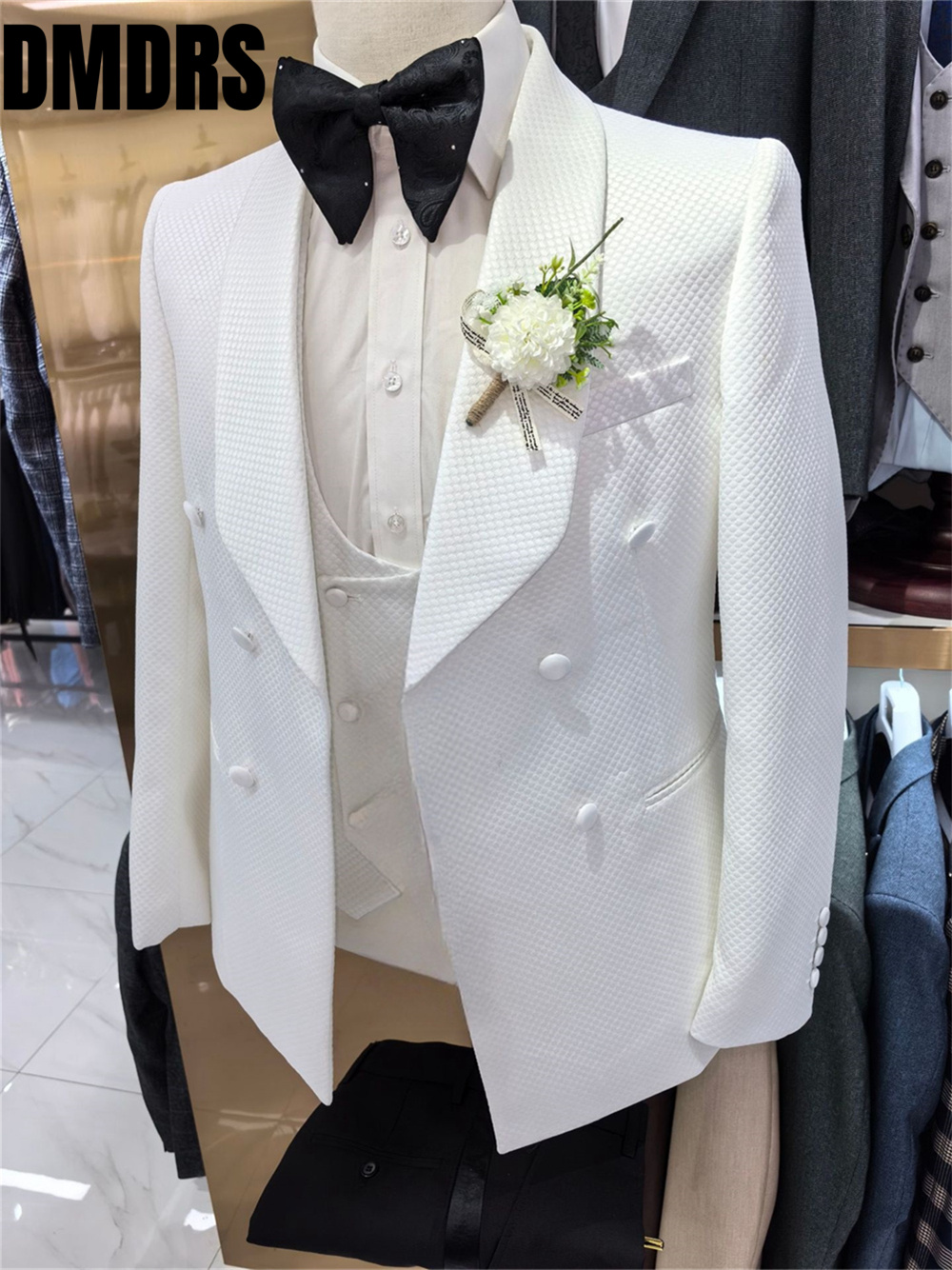 エレガントなジャカードメンズスーツセットフォーマルオフィスクラシックシングルブレストスーツハンサムな白の結婚式のスーツホストスーツ