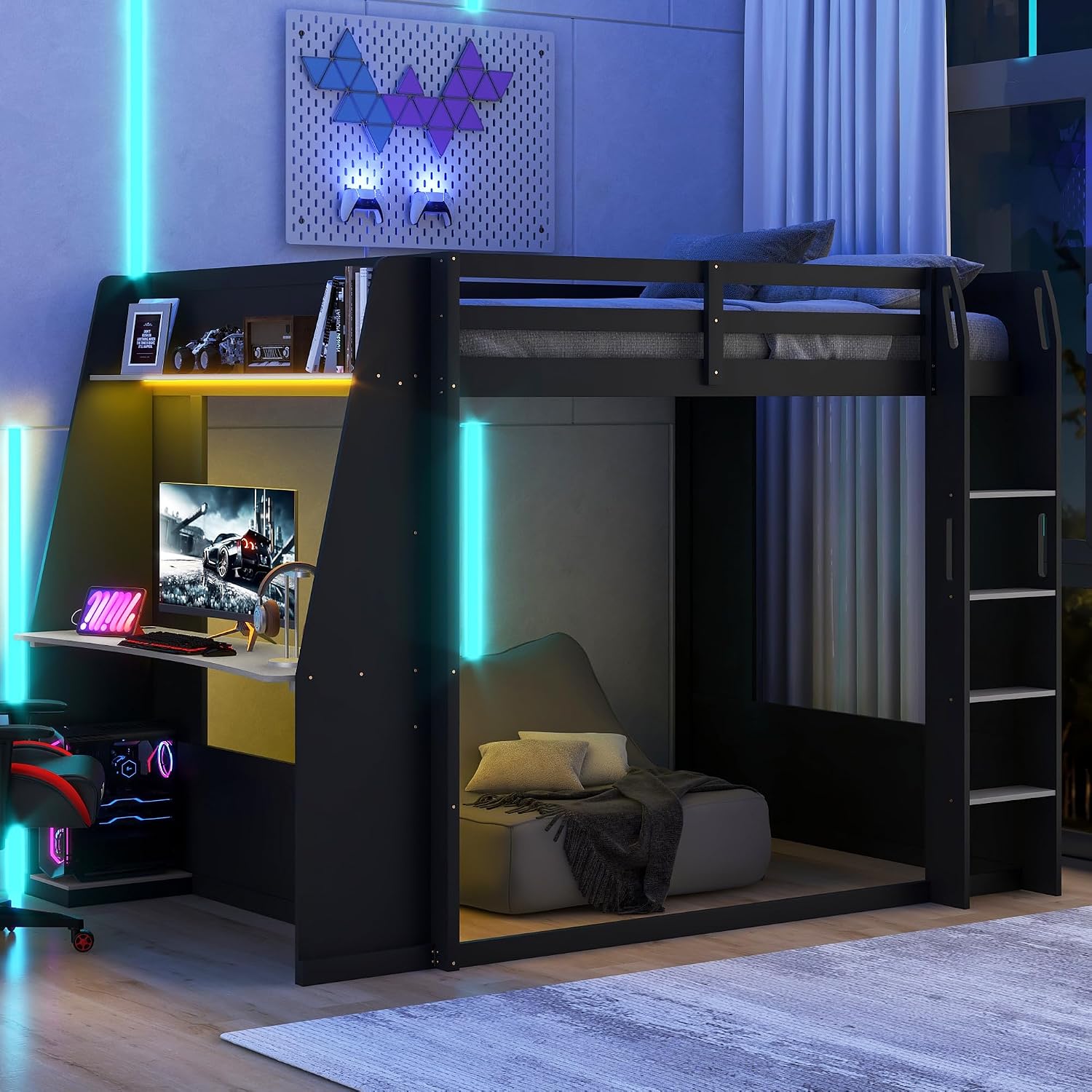 クイーンサイズのゲーミング二段ベッド、デスク、RGB LED ライト付き